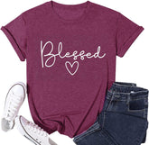 Blessed T-Shirt for Women Cute Heart Graphic Letter Print Sayings Shirts Casual Short Sleeve Thankful Tee Tops